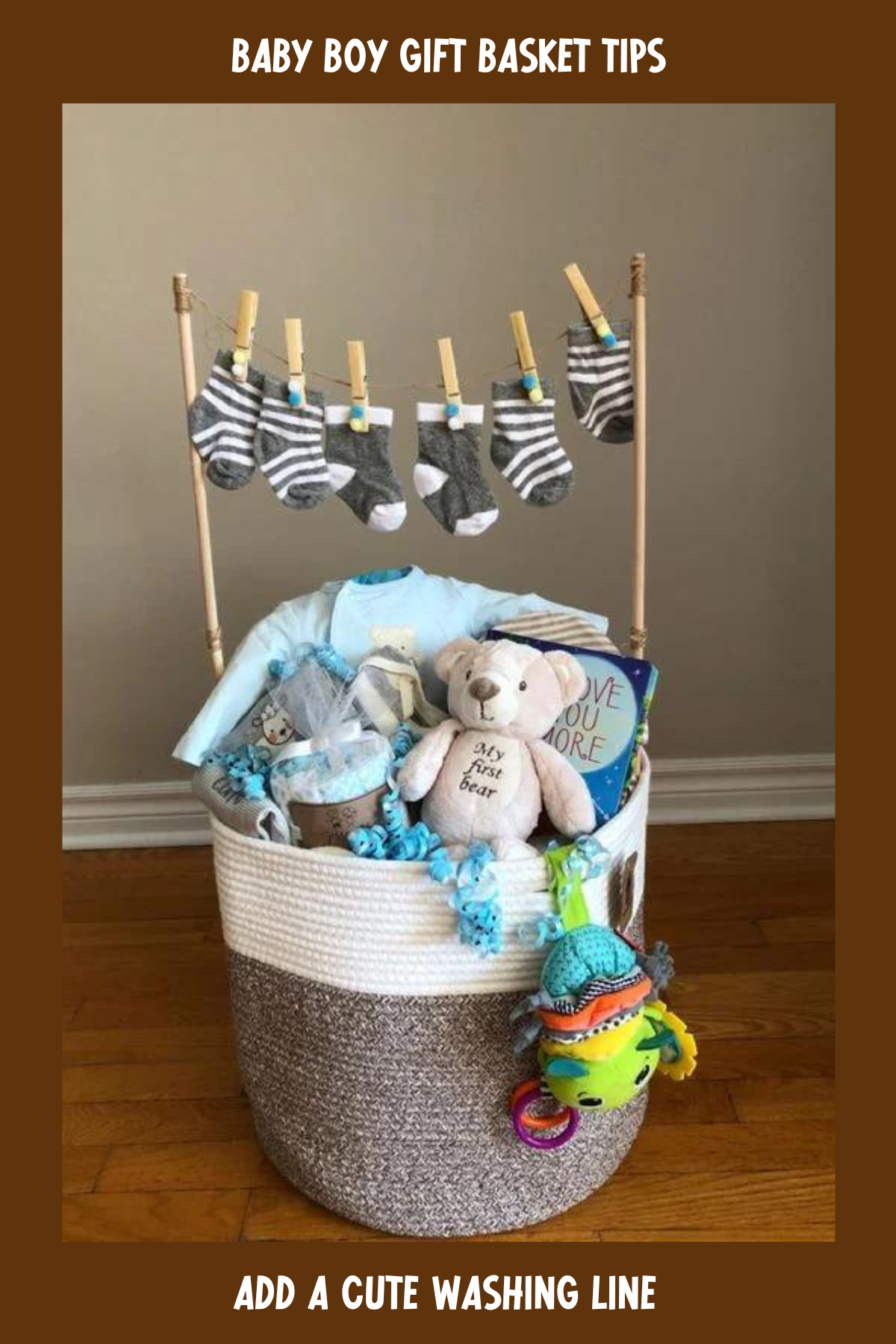 This cozy basket has a mini clothesline of baby socks! Filled with soft toys, books, clothes, and essentials, it's a heartwarming gift for any new parent ready to snuggle their little one.