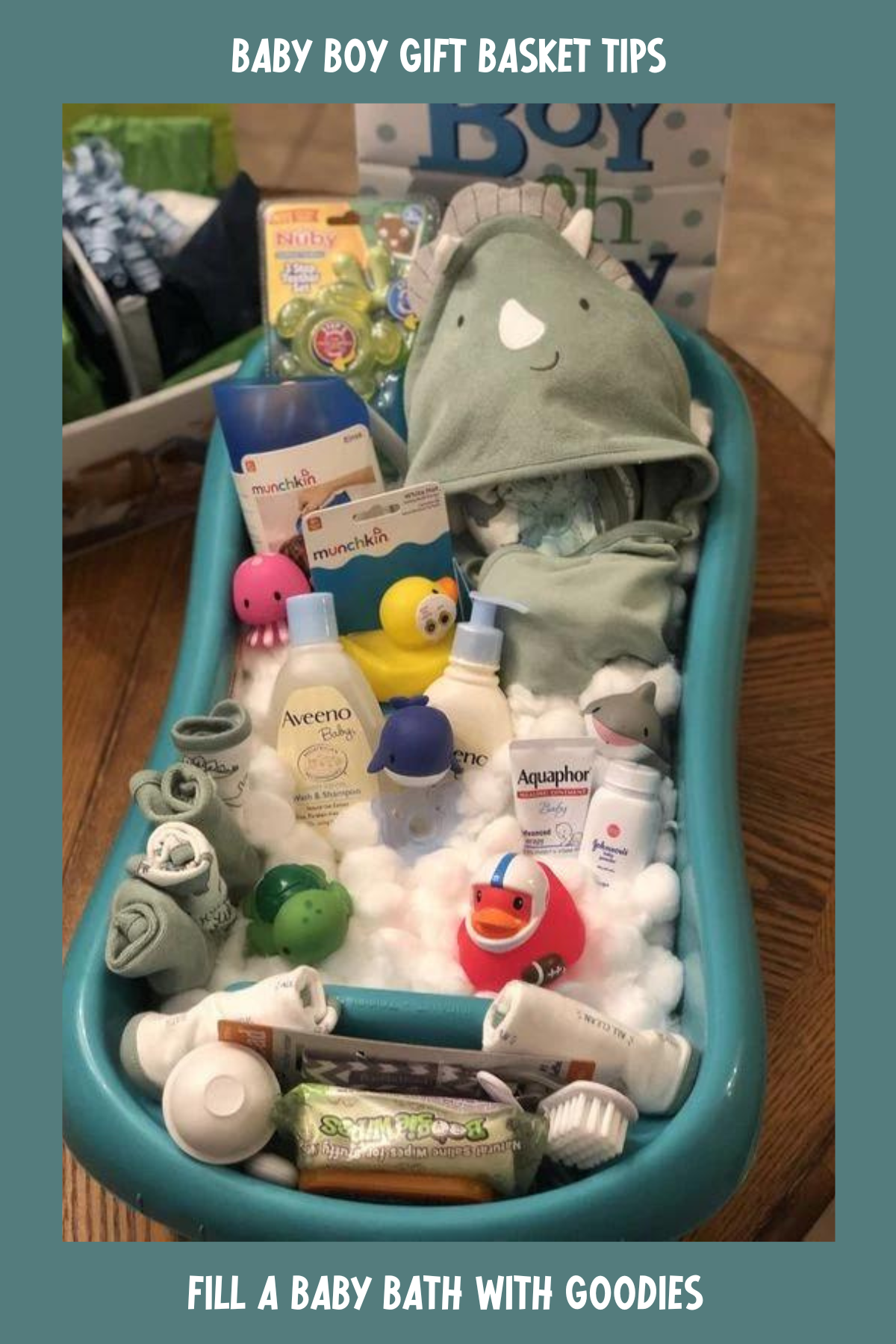 The bathtub basket is a practical yet fun twist! Overflowing with baby bath products, washcloths, and adorable bath toys, it makes bathtime a splash for both parents and baby.