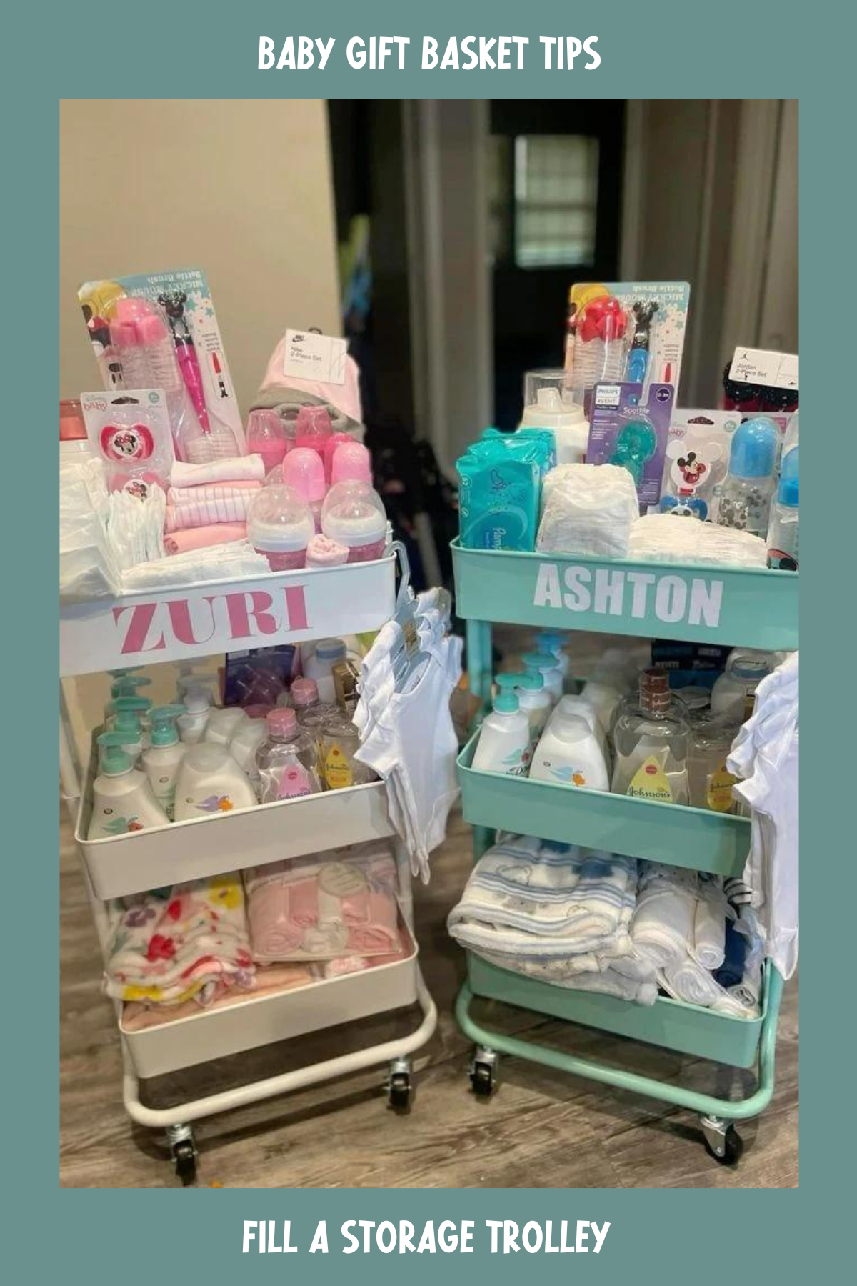 Personalized rolling carts for the win! Each tier of this baby cart is stocked with all the newborn must-haves: bottles, diapers, onesies, and bath products. It's a gift and an organized storage solution rolled into one!