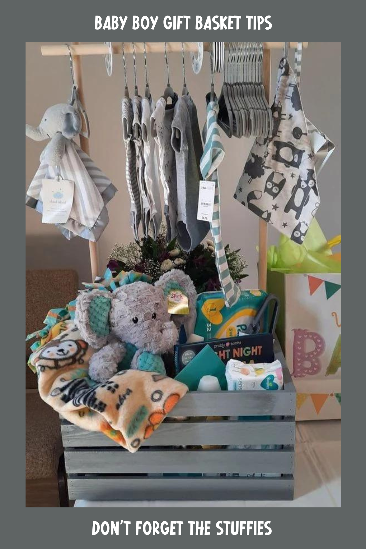 This adorable crate is packed full of baby essentials, topped with an extra cute baby clothes rack! It features a soft plush elephant, cozy blankets, and an array of clothing and accessories. The perfect little boutique gift to make new parents smile!