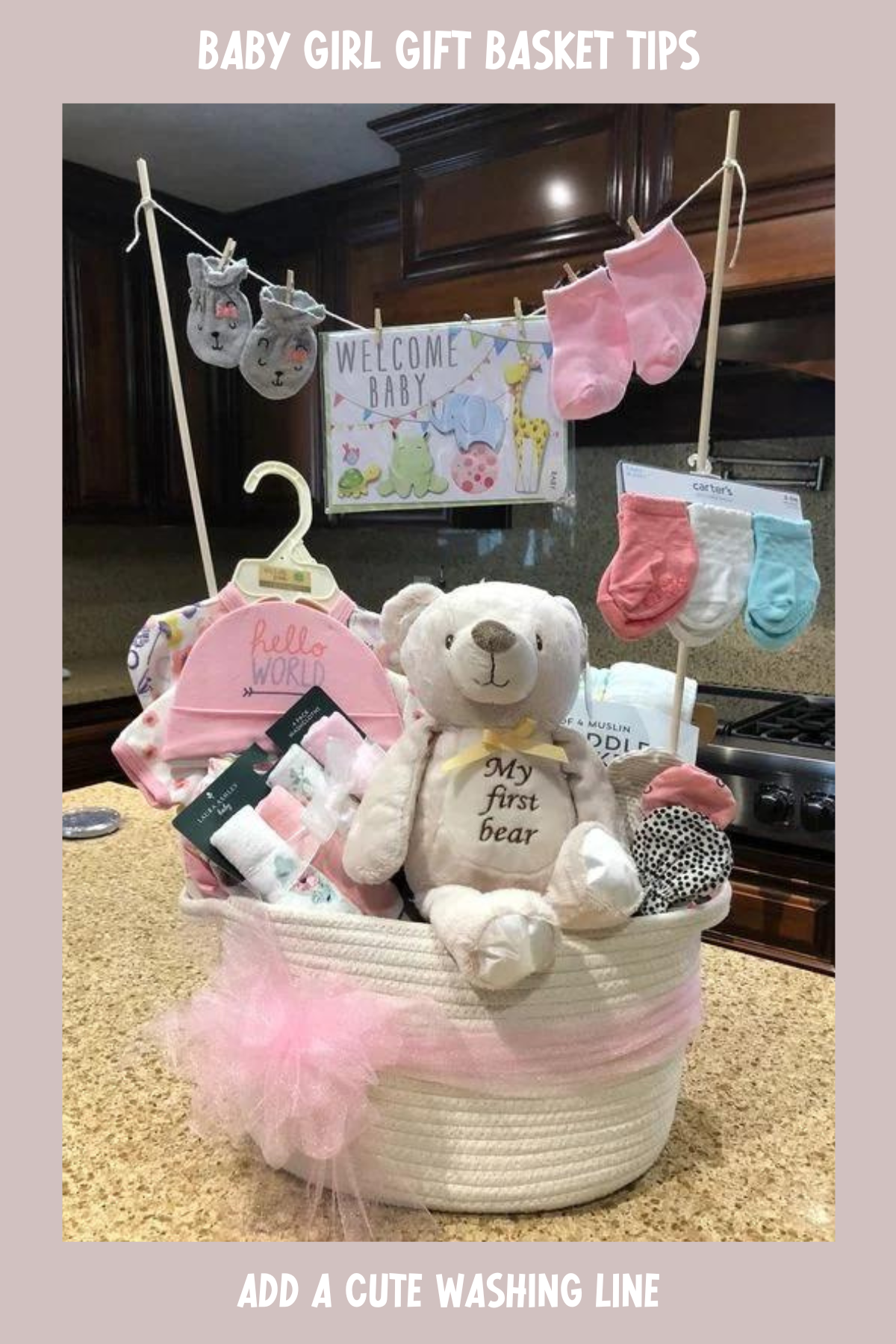 Filled to the brim with baby must-haves, this basket has a cozy feel with its "Welcome Baby" sign and teddy bear front and center. The hanging baby socks and pastel-colored accessories make it a delightful and useful gift for new parents.