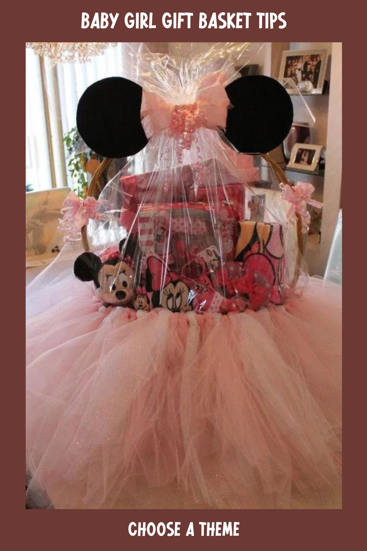 This grand Minnie Mouse-themed basket, wrapped in tulle with classic Minnie ears on top, is the ultimate baby shower showstopper! Filled with adorable baby items, it creates a magical experience for the mom and baby girl alike.