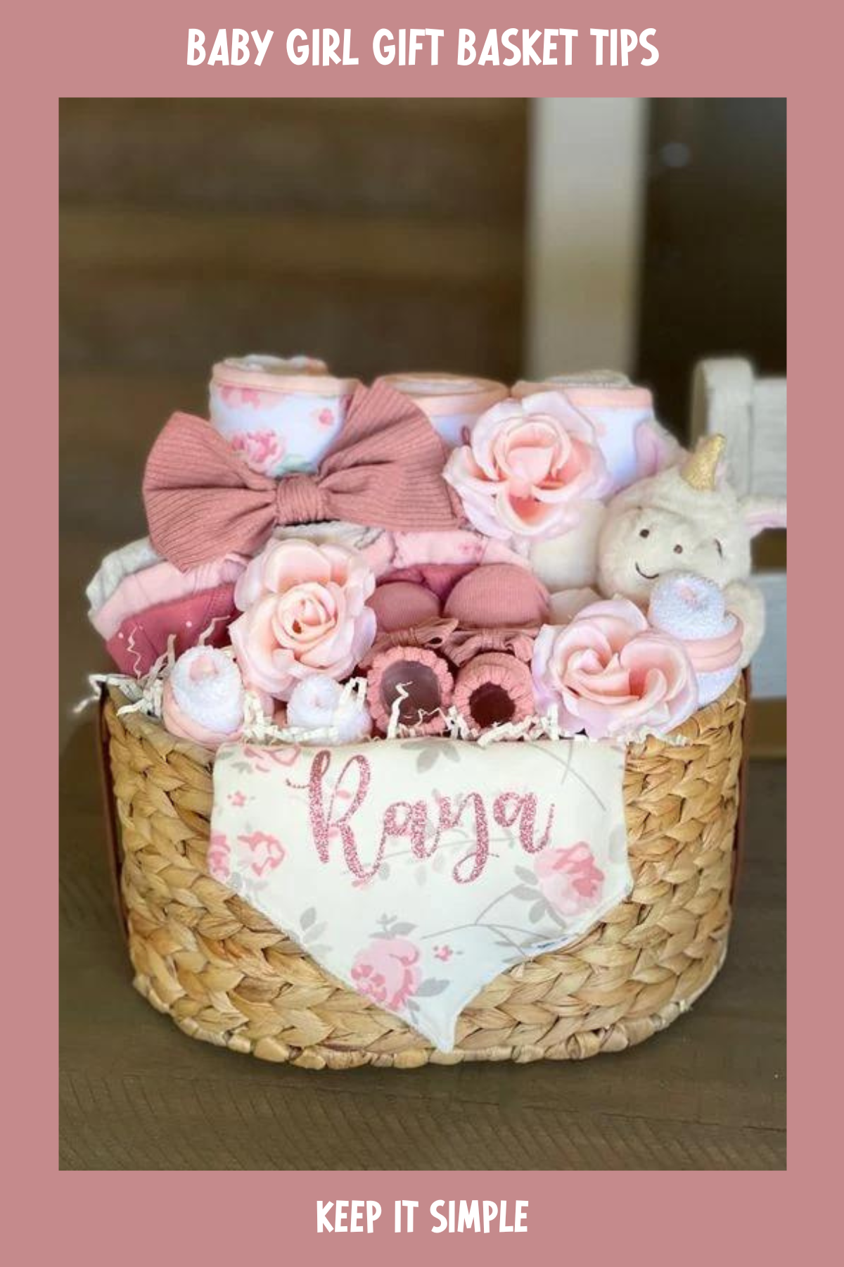 Overflowing with pink hues and delicate floral accents, this gift basket is a delightful blend of baby clothes, soft blankets, and cute accessories. The giant bow and personalized touch make it a standout present that any mom-to-be would love.