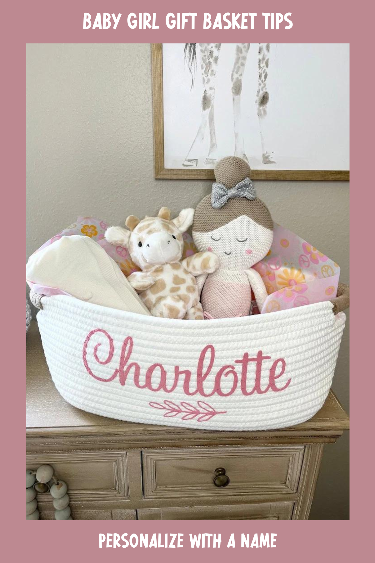 Simple yet elegant, this personalize basket features a lovely selection of plush toys and baby essentials. The personalized basket design gives it a sentimental touch, perfect for a nursery display.