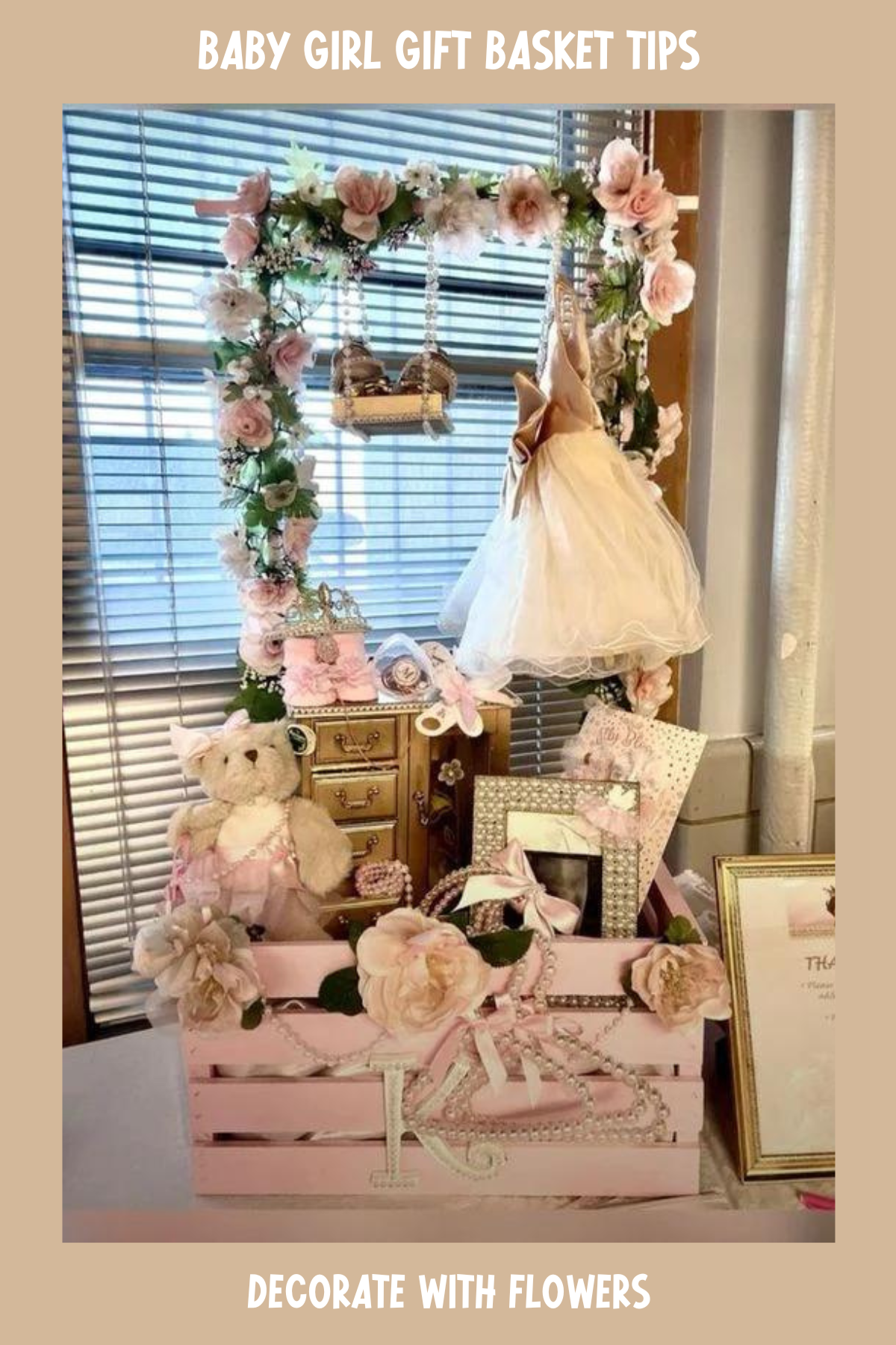 Draped in delicate florals and pearls, this fancy baby gift basket exudes elegance. Complete with a hanging tutu dress and a plush bear, it's like a miniature fairy tale that brings a sense of luxury to baby shower gifting.