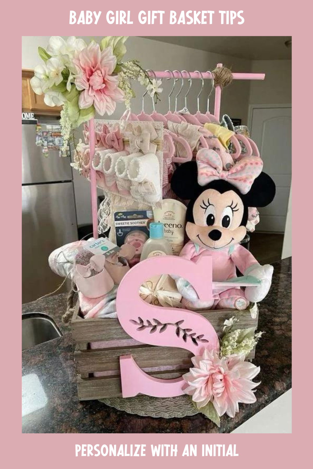 A Disney-themed creation, this Minnie Mouse basket overflows with baby essentials like clothes, lotions, and cute booties. Its rustic crate design and soft florals give it a whimsical, welcoming vibe that's sure to be appreciated.