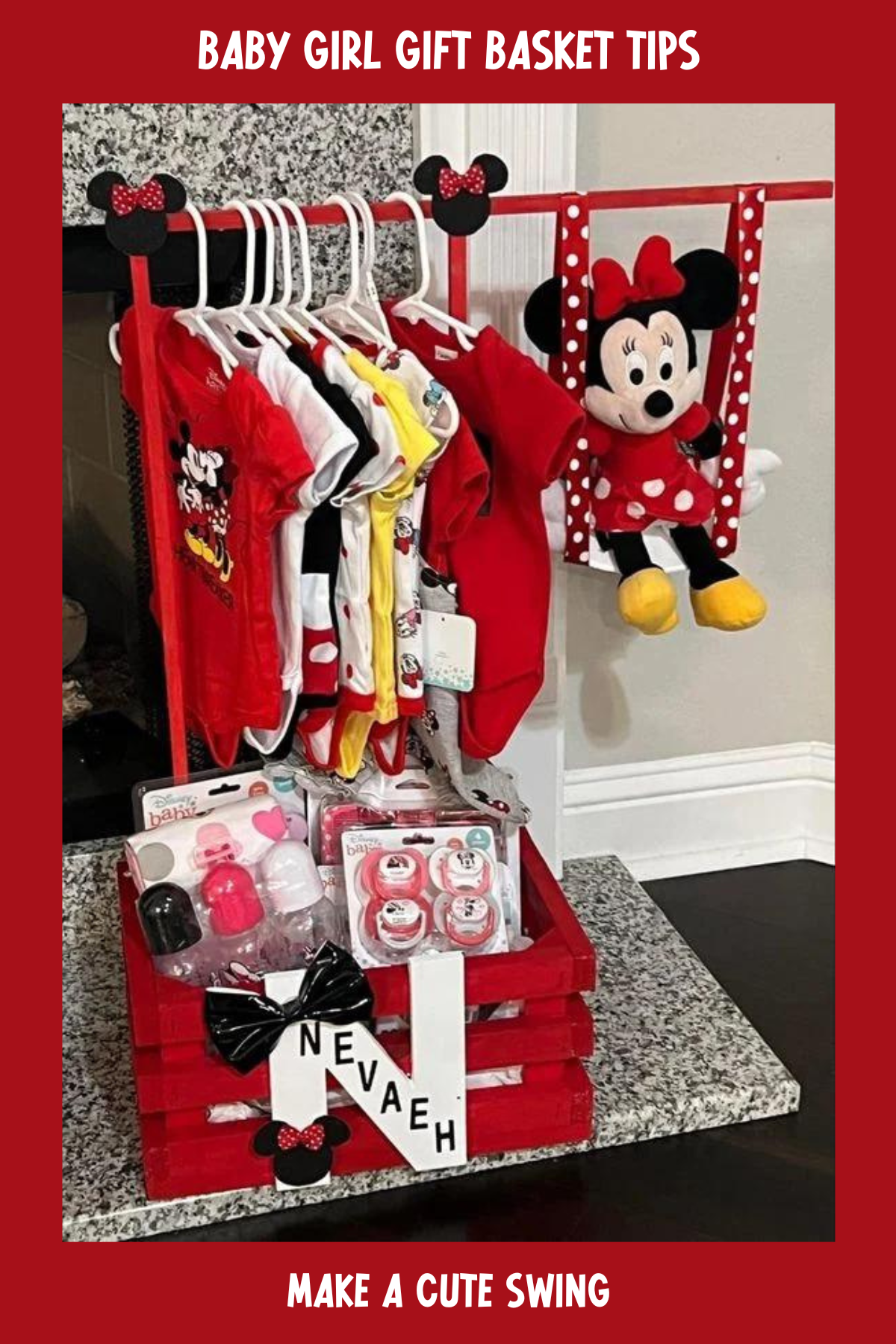 A Minnie Mouse-themed baby basket that brings a pop of color to any baby shower! This charming setup includes a personalized crate, baby clothes on hangers, and a plush Minnie doll, ensuring a magical start for a baby girl.