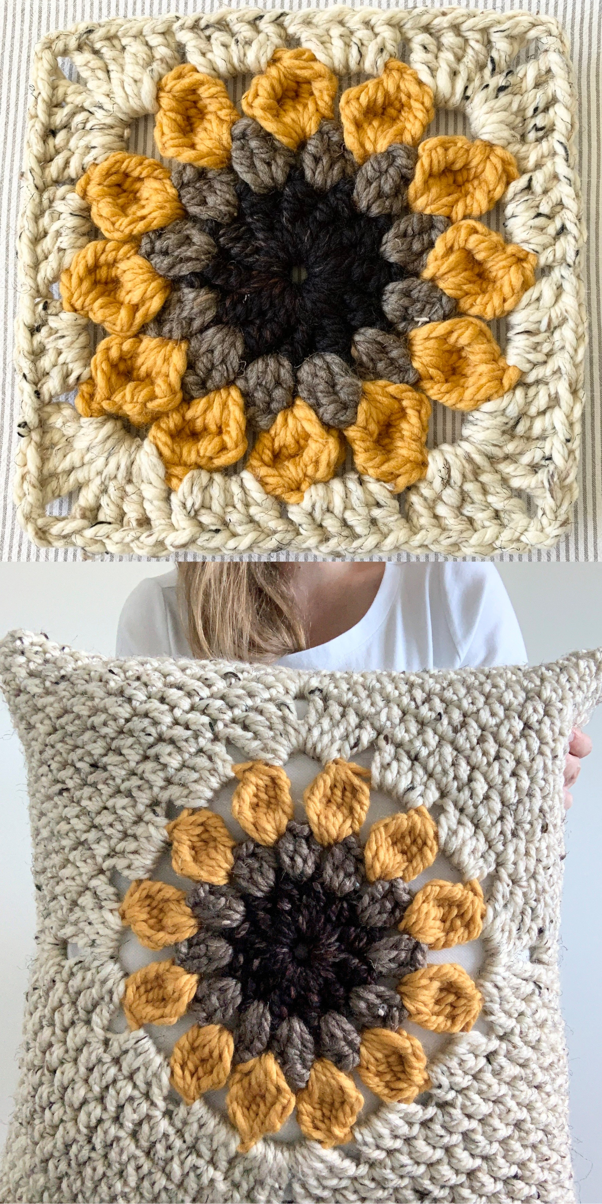 This cozy crochet sunflower pillow is simple yet stunning. It’s the perfect throw pillow for brightening up your living space with a bit of handmade flair.