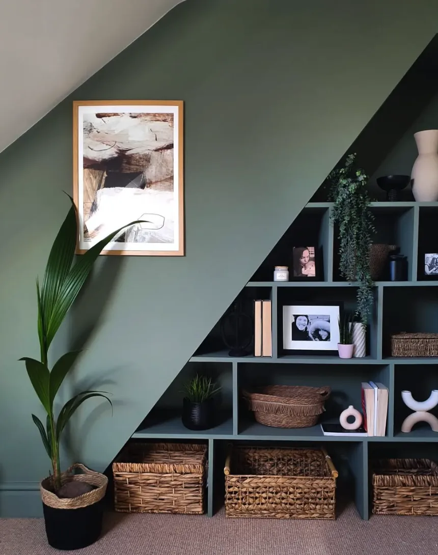 Under Staircase Built-in Shelving: Sleek shelving unit built under an angled attic wall, painted in a soothing green hue. The design integrates woven baskets and personal touches like photos and plants, making the most of a tricky space while adding personality to the room.