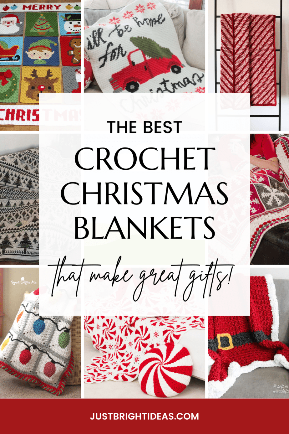 Text overlay reads "The Best Christmas Crochet Blankets that make great gifts". Images of festive afghans are behind to show what is in this collection of free and paid crochet patterns. 