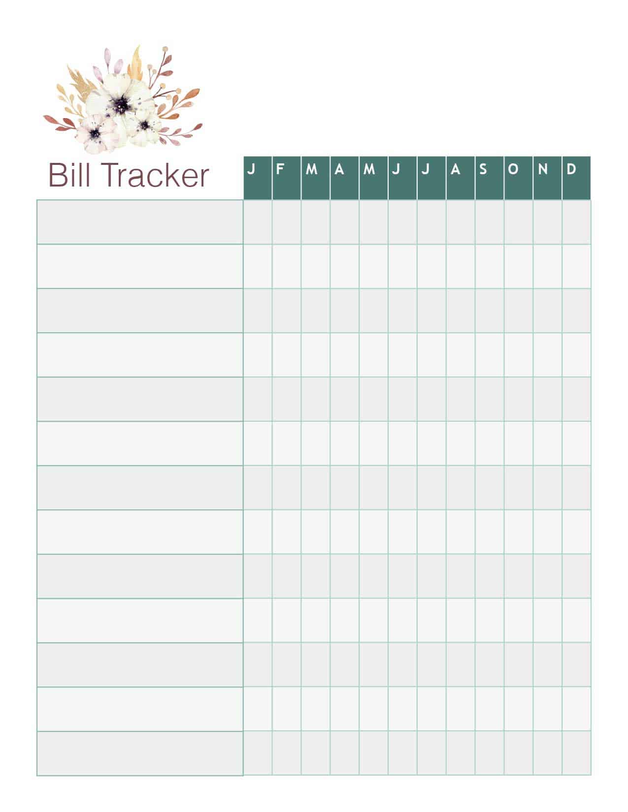 Keep track of your monthly bills with this free floral themed printable