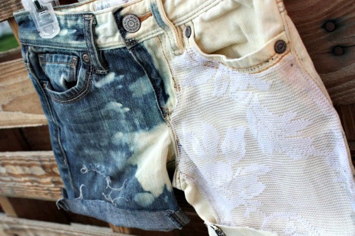 Bleached Denim Shorts with Lace