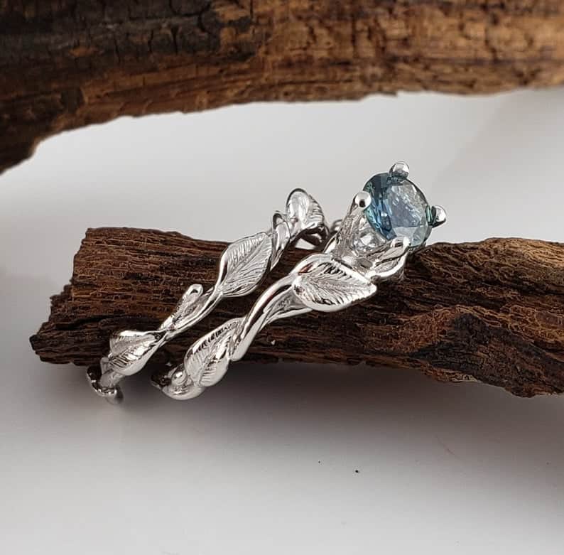 Blue Sapphire Leaf Engagement Ring