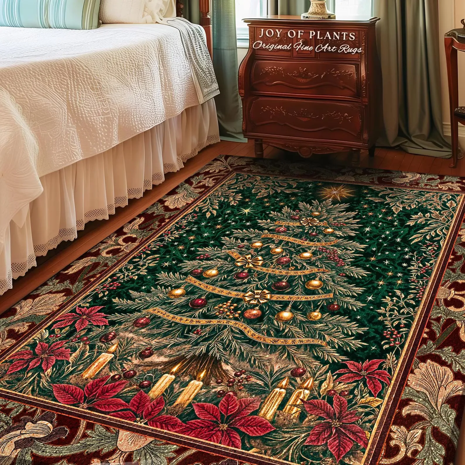 This Christmas tree botanical rug feels like stepping into a holiday painting. The intricate woven design — with poinsettias, candles, and evergreen branches — brings that nostalgic, old-world charm that makes any room glow with warmth. It’s the perfect statement piece for cozying up your bedroom, living room, or entryway, and it ties beautifully into boho, vintage, or nature-inspired holiday decor.