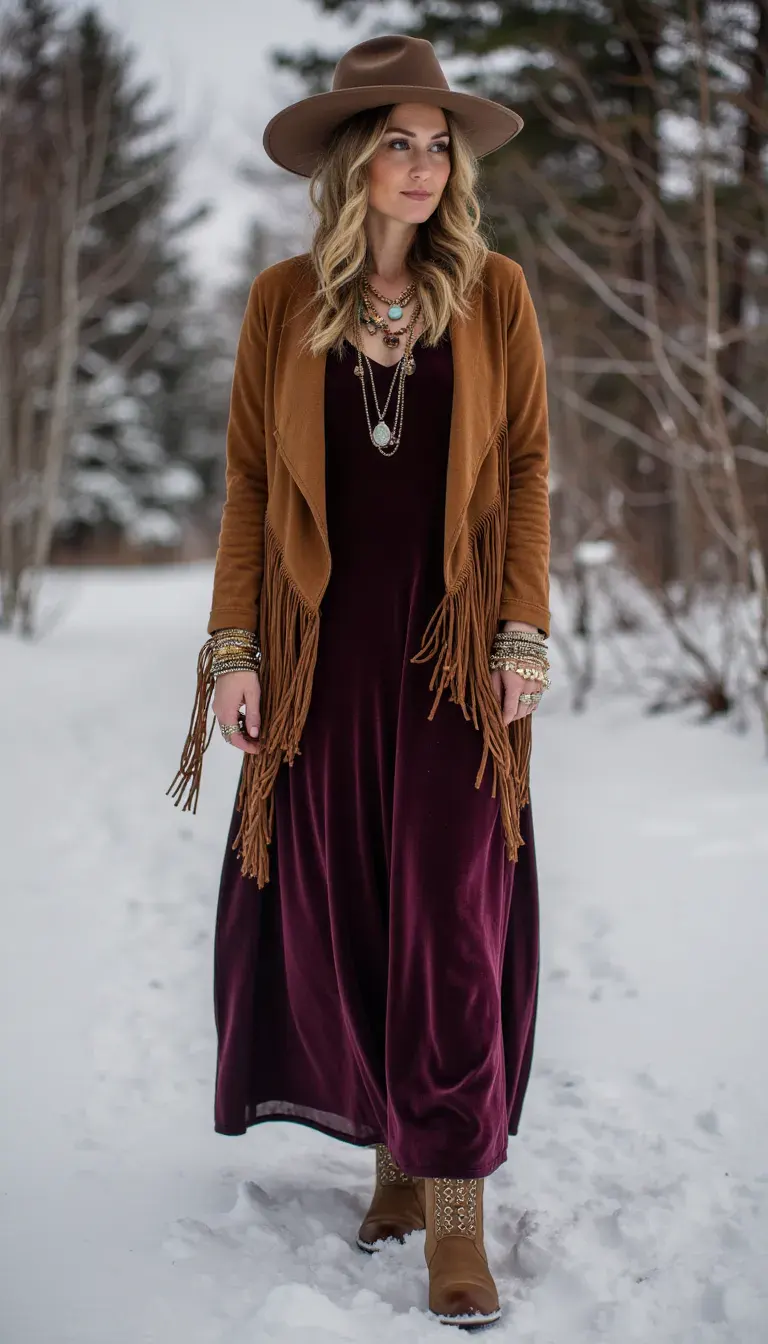 A long velvet dress in deep plum layered with a cropped suede fringe jacket. Styled with wide-brim felt hat, embroidered ankle boots, and layered boho jewelry including chunky rings and long necklaces. Cozy and rich textures give this outfit a warm winter boho vibe.