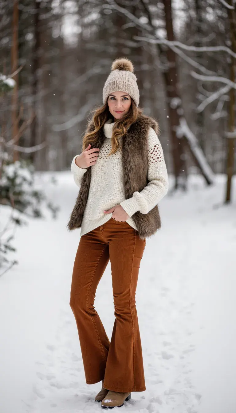 Corduroy flared trousers in warm rust paired with a loose cream crochet-accent sweater. Finished with a faux fur vest, slouchy knit beanie, and suede ankle boots. The earthy tones and playful layers create a vintage-inspired boho winter look.