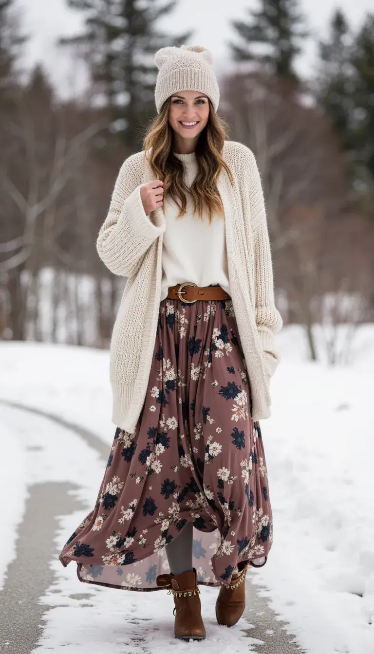 A flowy floral maxi skirt layered with fleece-lined tights, paired with a chunky oversized cream knit cardigan. The outfit is styled with an embroidered leather belt at the waist, ankle boots with fringe details, and a slouchy knit beanie. The look is cozy yet distinctly boho, with layered textures and earthy winter tones.