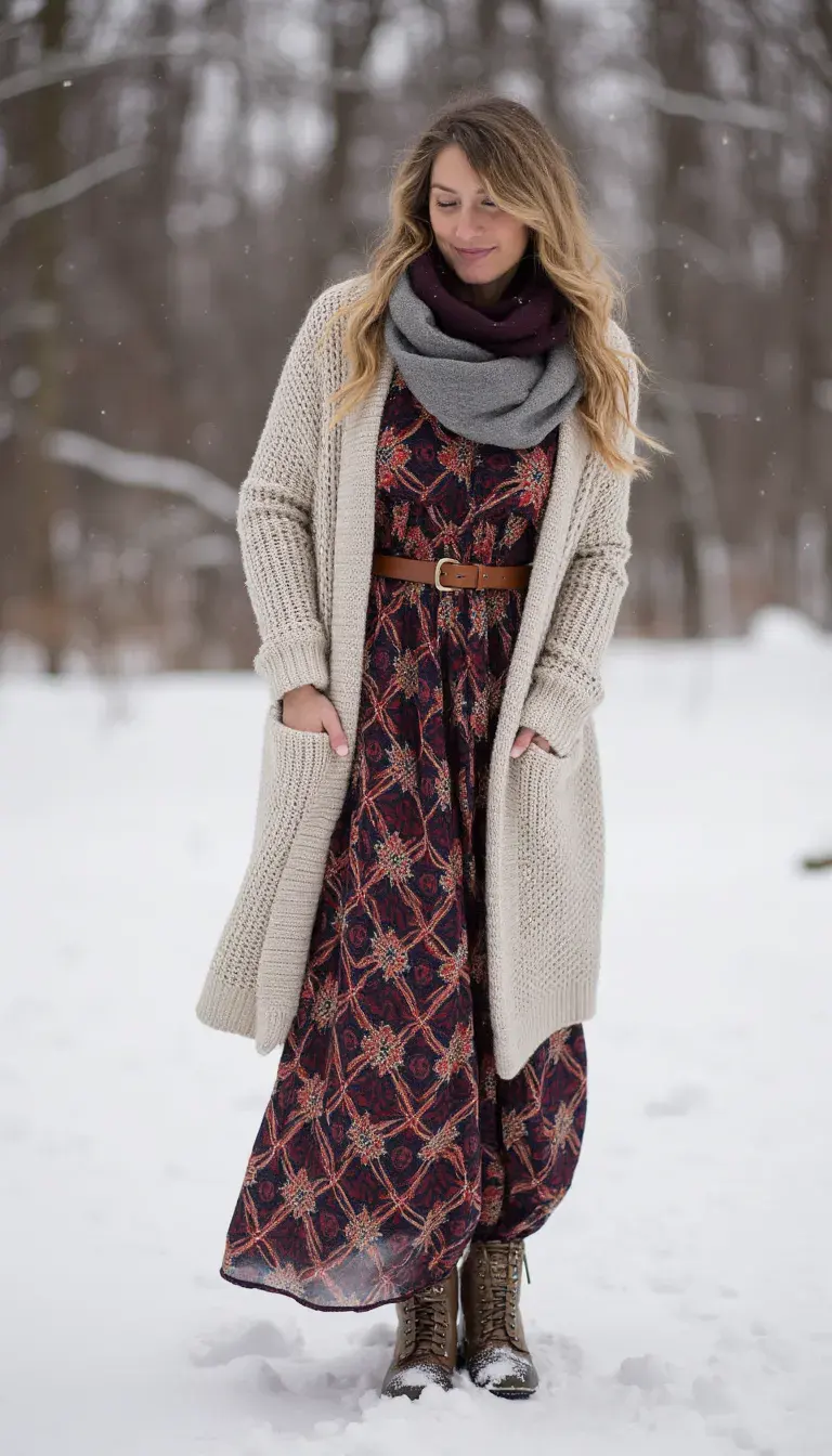 A patterned maxi dress in jewel tones styled under an oversized knit duster cardigan. Accessorized with a chunky scarf draped shawl-style, leather belt at the waist, and knee-high embroidered boots. A cozy yet free-spirited winter outfit.