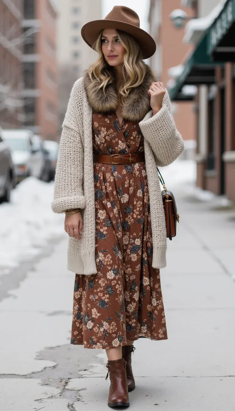 A boho-inspired midi dress in earthy florals styled with a belted oversized cardigan. Accessorized with faux fur collar, slouchy knit hat, and leather boots. The textures and layers create warmth while keeping the outfit feminine and free-spirited.