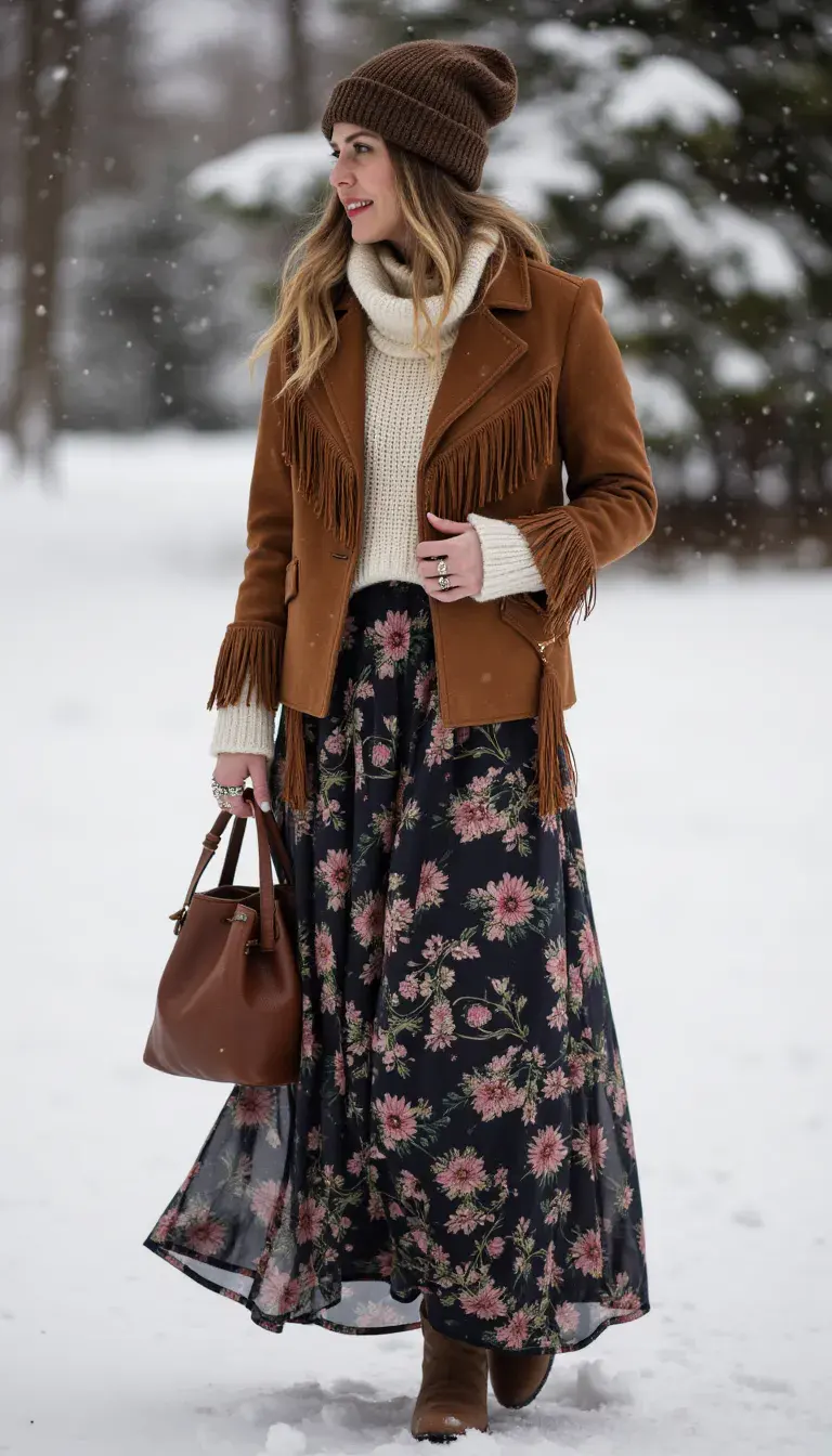 Maxi skirt in dark floral print paired with a suede fringe jacket and a turtleneck sweater. Styled with a slouchy knit beanie, statement rings, and suede ankle boots. The layered mix of cozy textures and boho details makes this a winter-ready outfit.