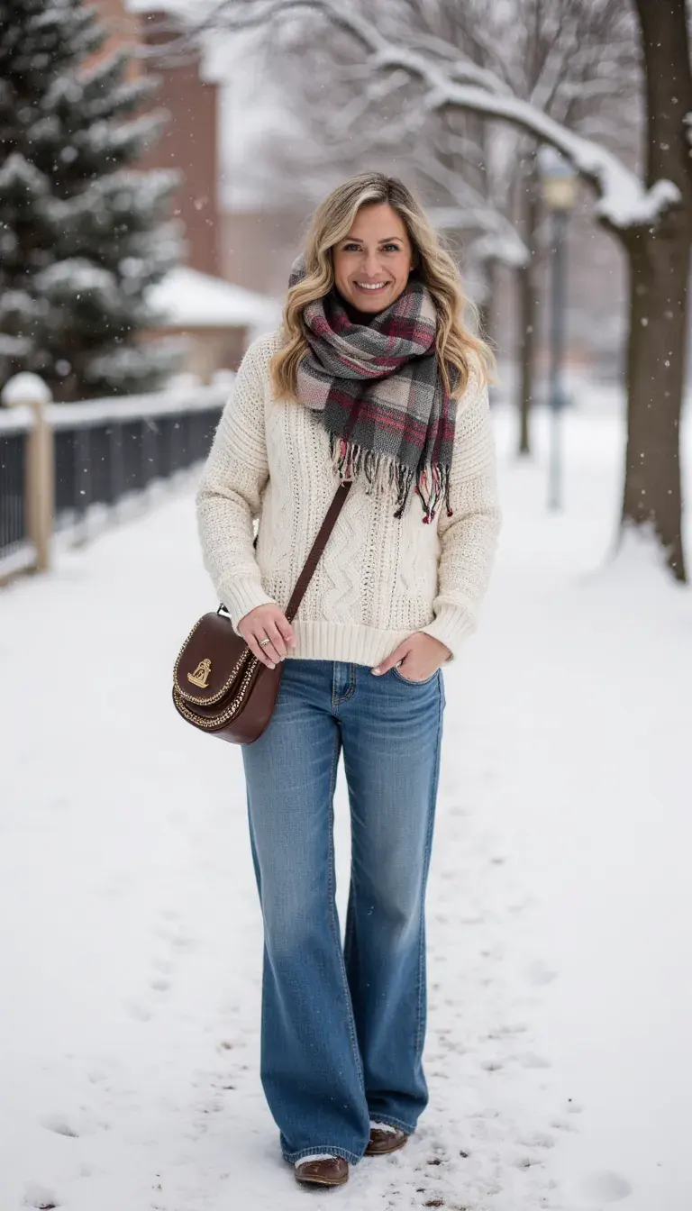 Wide-leg jeans with a cable-knit oversized sweater in soft cream. Finished with a patterned blanket scarf wrapped around the shoulders, embroidered crossbody bag, and ankle boots with fringe. A perfect casual boho winter outfit.
