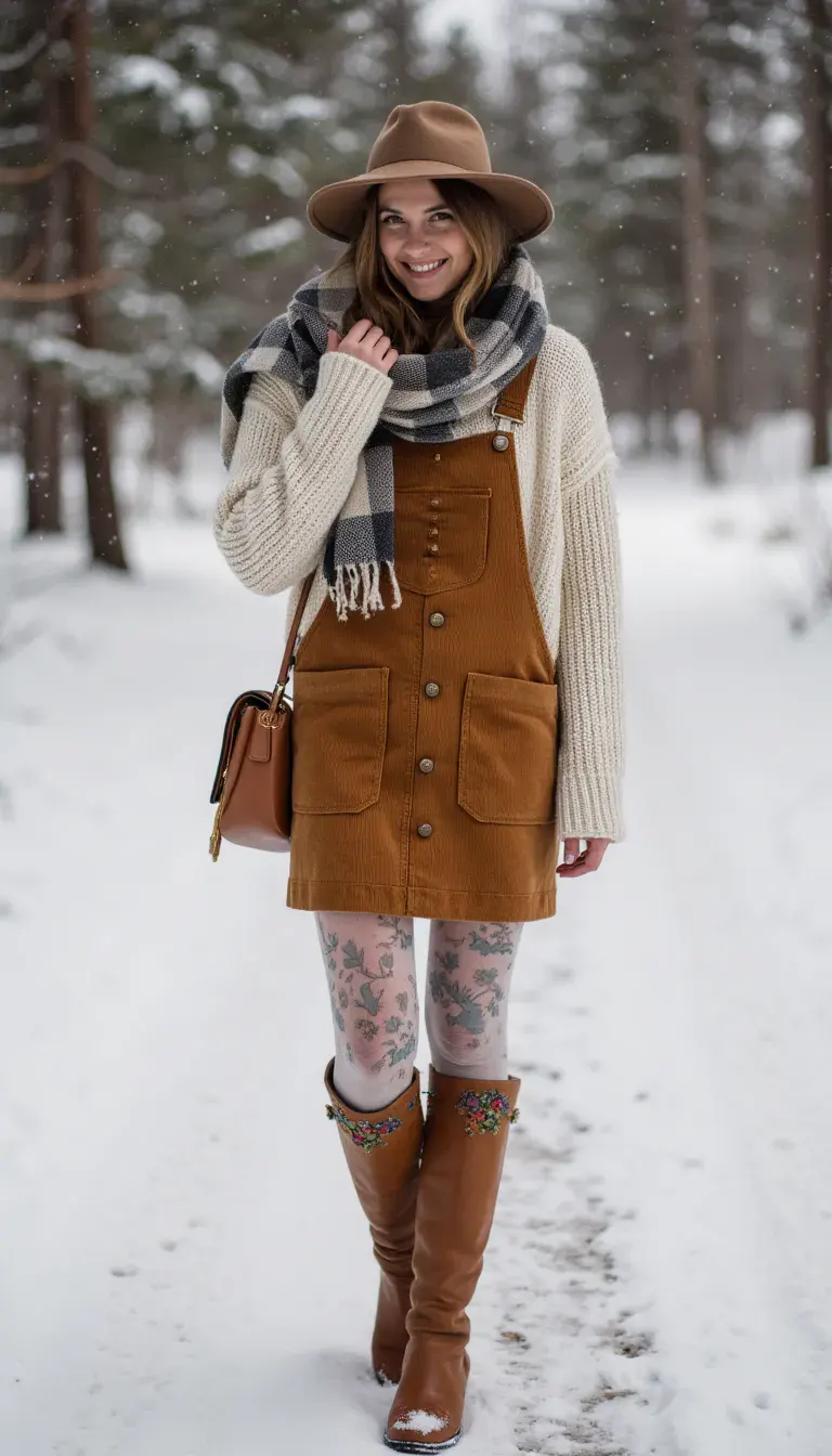Corduroy pinafore dress layered over a chunky knit sweater in cream. Styled with patterned tights, embroidered knee-high boots, and a blanket scarf draped around the shoulders. A playful, cozy take on winter boho style.