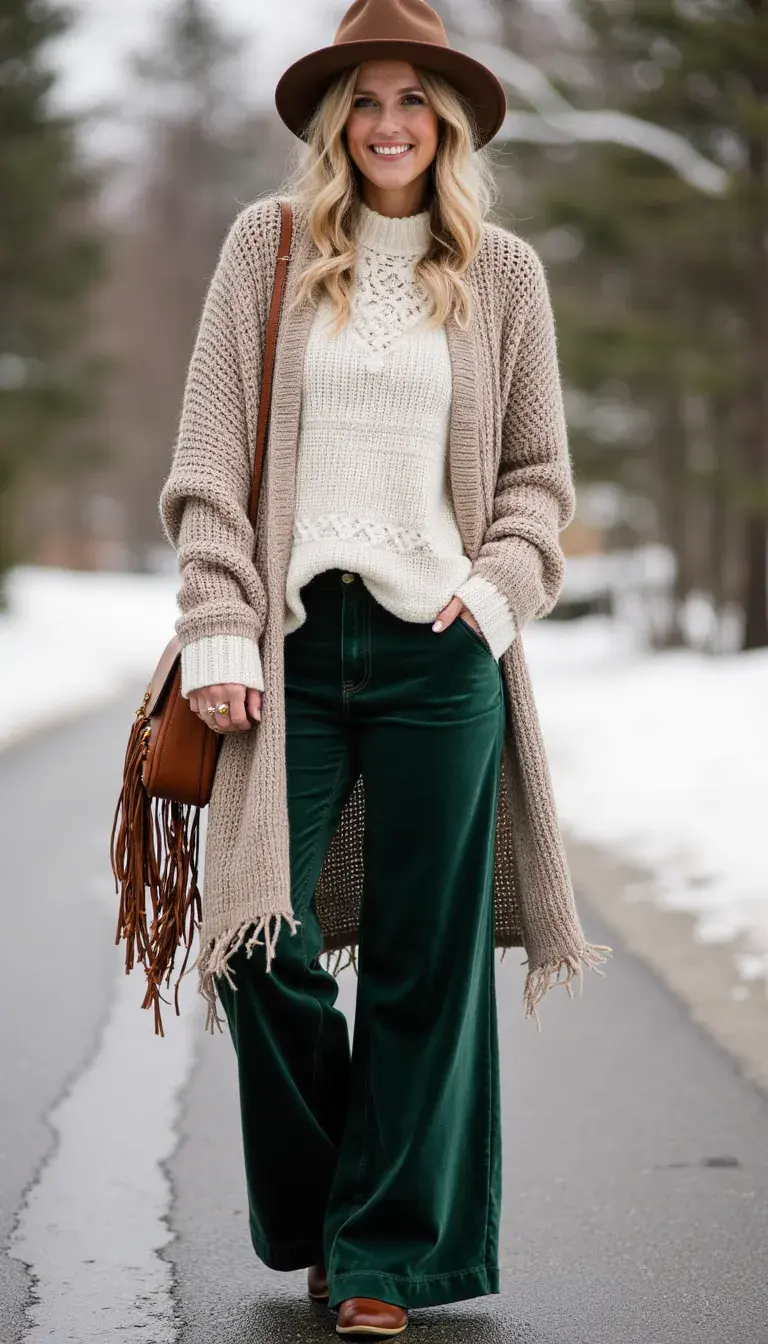 Velvet wide-leg pants in emerald green paired with a cream crochet sweater. Finished with an oversized patterned cardigan, fringe crossbody bag, and leather ankle boots. Luxe textures and earthy tones combine for the ultimate boho winter outfit.