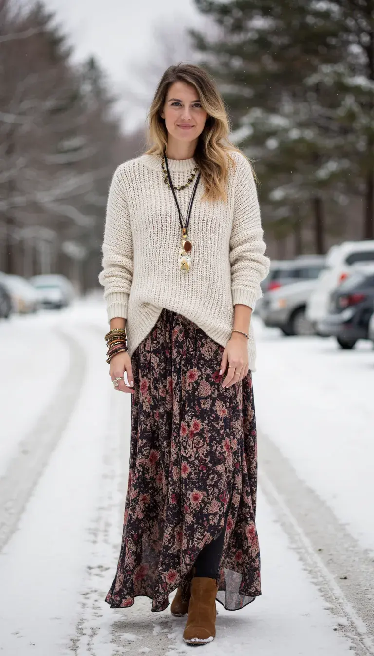 Oversized chunky knit sweater in oatmeal tucked loosely into a printed maxi skirt with tights underneath. Styled with layered necklaces, stacked bracelets, and faux suede ankle boots. A relaxed yet stylish boho winter ensemble.