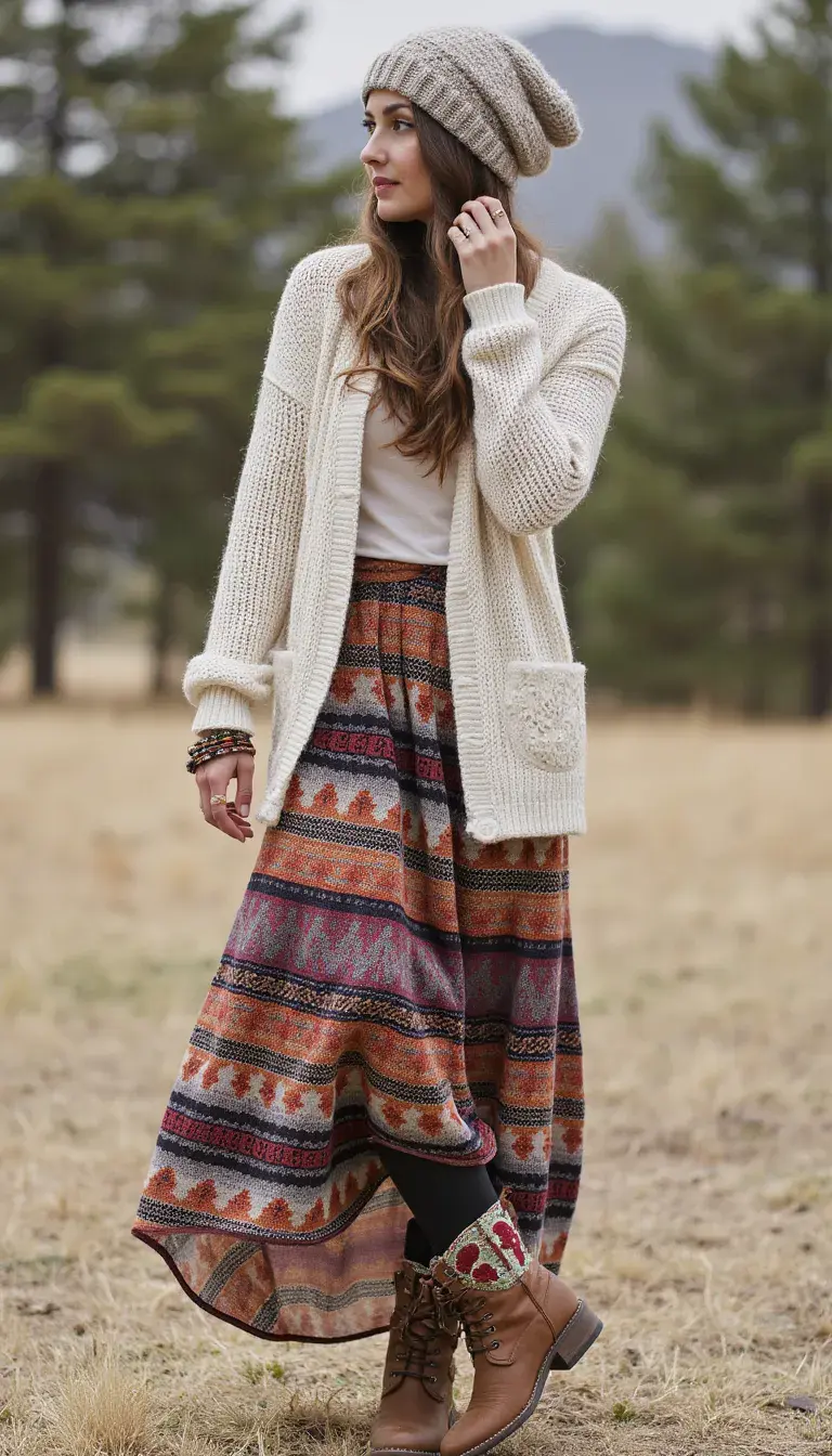 A patterned maxi skirt layered with fleece-lined tights and topped with a chunky knit cardigan. Styled with embroidered boots, slouchy knit hat, and layered bracelets. Comfortable and cozy with a boho twist.