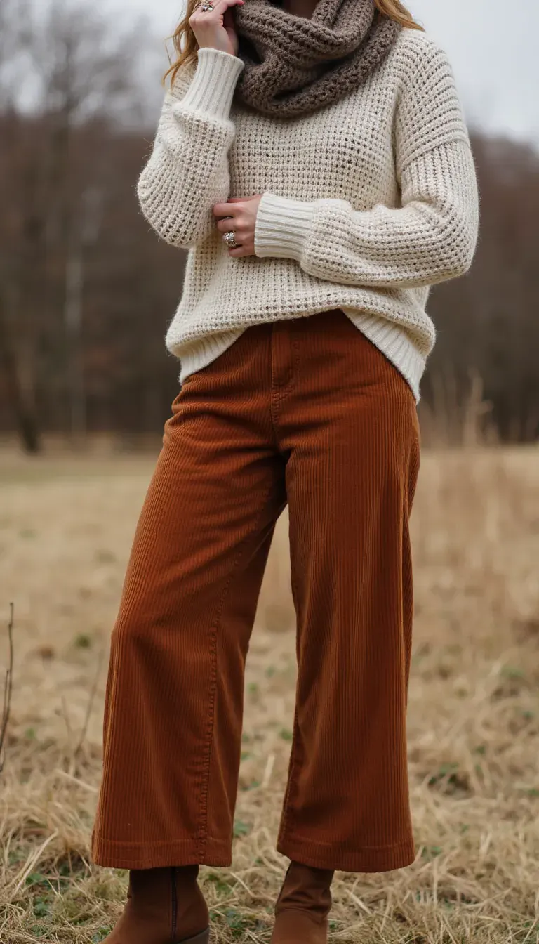 Wide-leg corduroy pants in warm rust paired with a cream crochet sweater. Styled with suede ankle boots, a chunky scarf draped loosely around the neck, and stacked boho rings. A cozy everyday outfit with vintage flair.