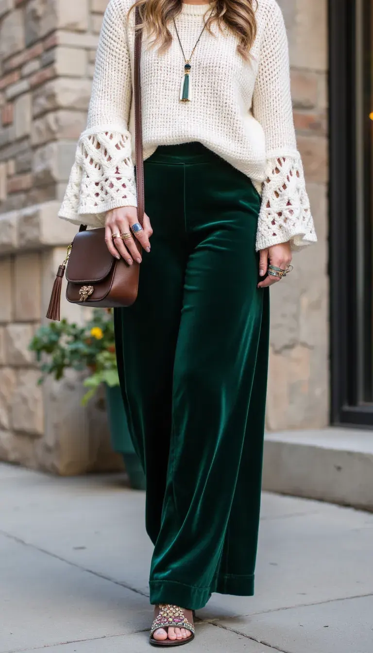 Velvet wide-leg pants in emerald green paired with a cream crochet bell-sleeve sweater. Accessorized with embroidered ankle boots, stacked rings, and a long boho pendant. Luxe textures for a holiday-ready outfit.