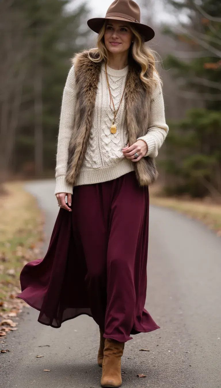 Flowy maxi skirt in deep burgundy paired with a chunky cable-knit sweater in cream. Styled with a faux fur vest, suede boots, and long pendant necklace. Cozy layers that still feel free-spirited.