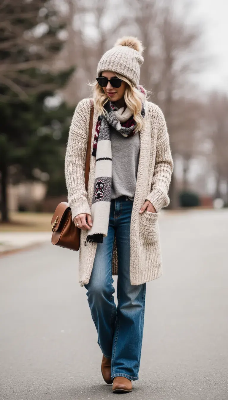 Oversized knit cardigan in oatmeal layered over wide-leg denim jeans and a simple textured tee. Accessorized with a slouchy knit beanie, embroidered boots, and a blanket scarf. Casual boho chic for errands.