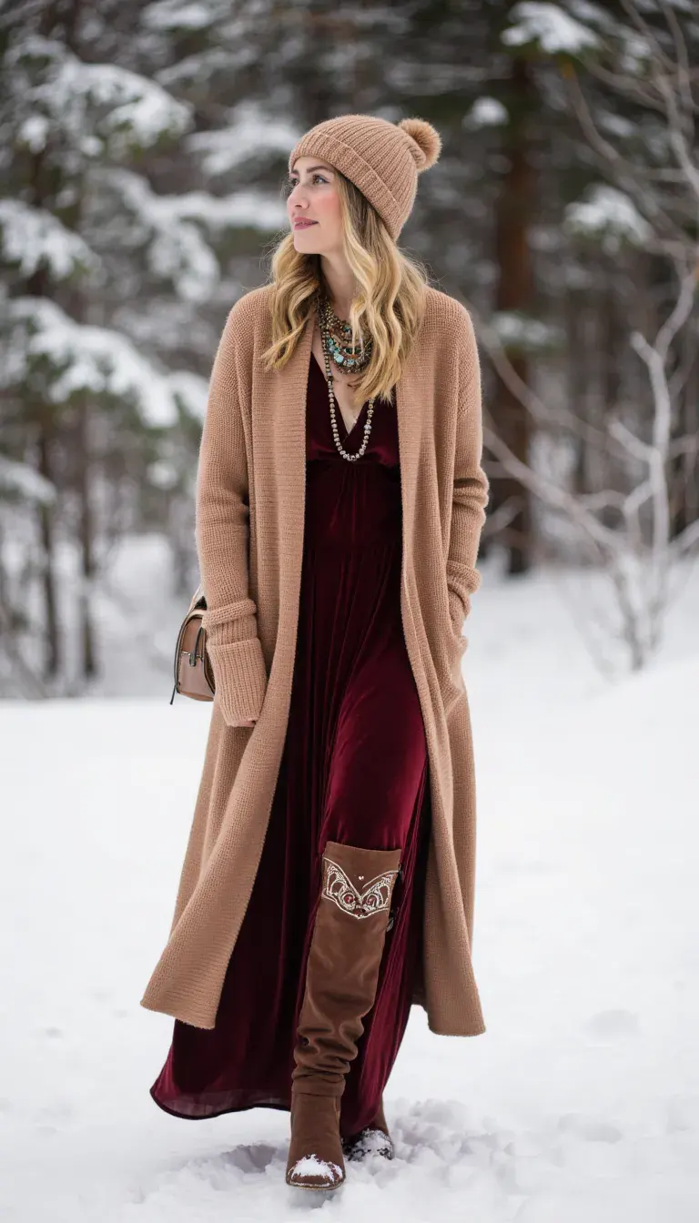 A long duster cardigan in earthy tones layered over a velvet maxi dress. Accessorized with embroidered knee-high boots, layered necklaces, and a slouchy knit beanie. Dreamy textures and layers for ultimate winter boho style.