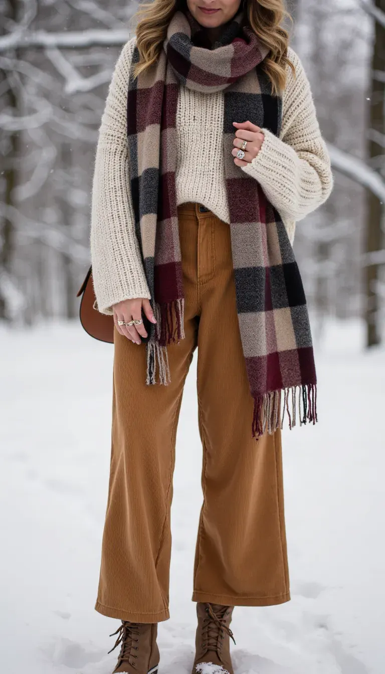 Oversized chunky knit sweater in oatmeal tucked into high-waisted corduroy wide-leg pants. Styled with suede fringe boots, statement rings, and a patterned blanket scarf worn shawl-style. A relaxed yet stylish winter combo.
