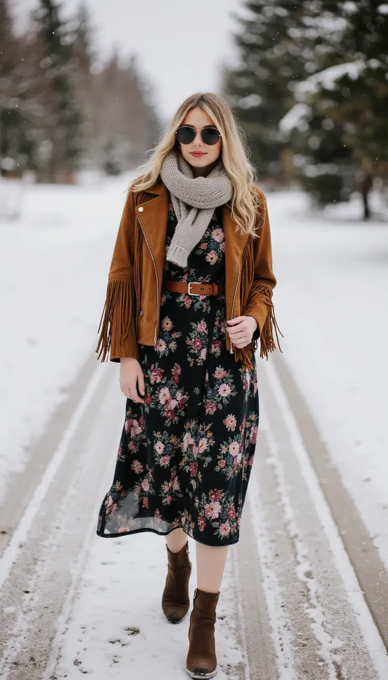 Dark floral midi dress styled under a suede fringe jacket. Finished with ankle boots, a chunky scarf, and a wide leather belt to define the waist. A warm, boho-inspired winter outfit that works for day to night.