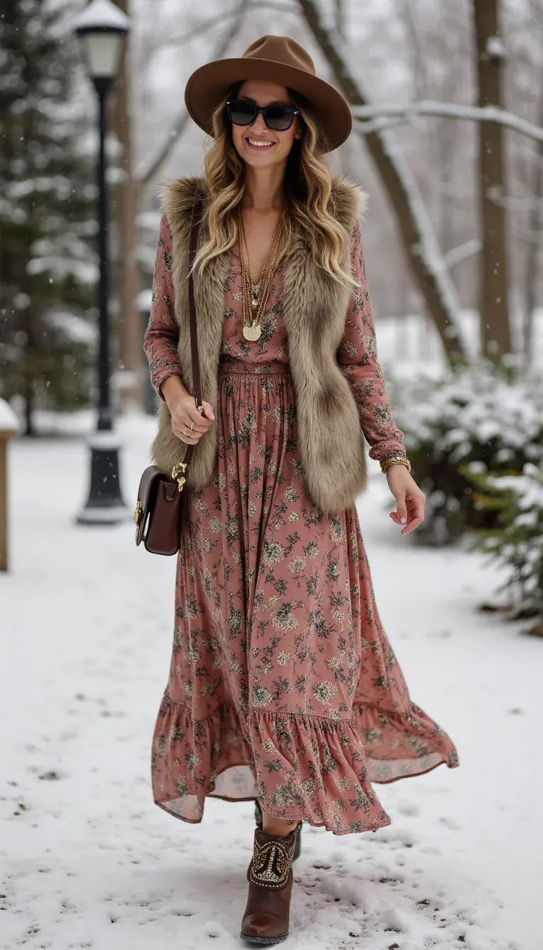 A long floral maxi dress in earthy jewel tones layered under a faux fur vest. Finished with embroidered ankle boots, a wide-brim felt hat, and layered necklaces. Perfect for coffee date boho vibes.