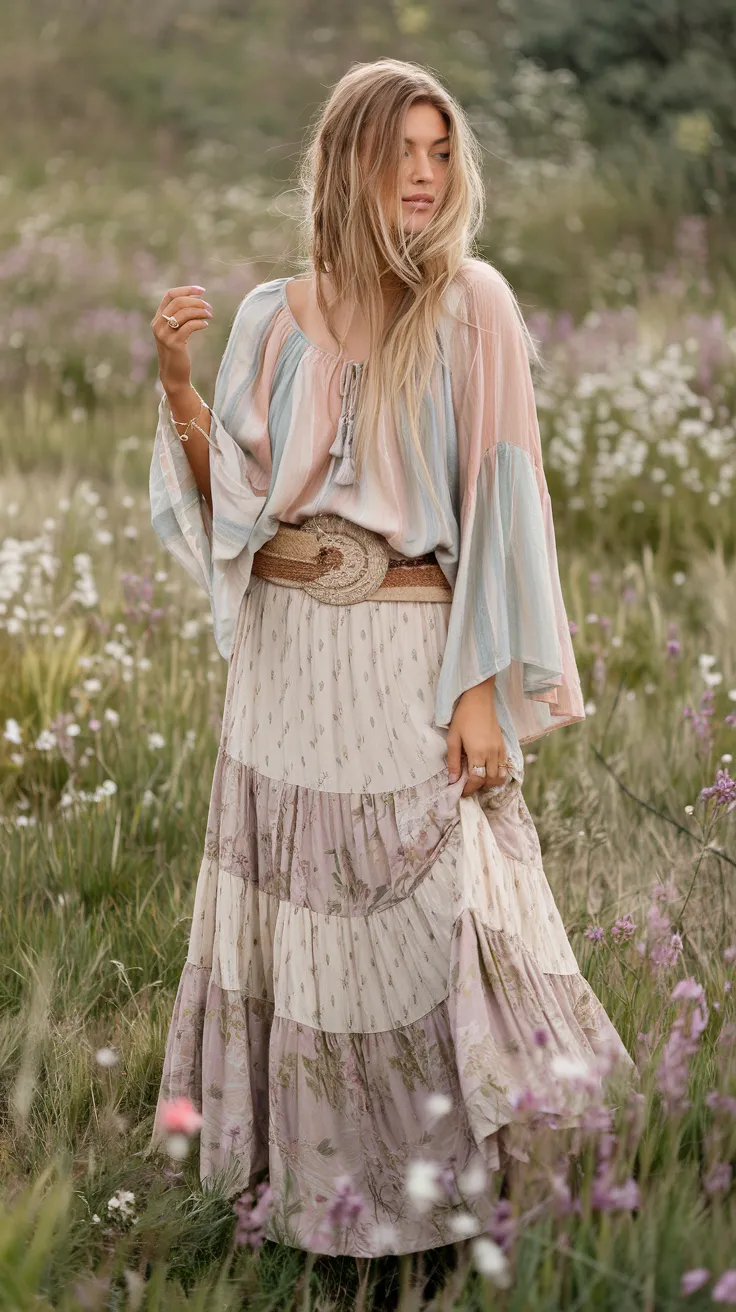 Shift your wardrobe from winter to spring with these boho styling tips! Mix cozy textures with breezy bohemian pieces for a dreamy, effortless look. 🌼🌙 #HippieFashion #BohoWardrobe #SpringStyle