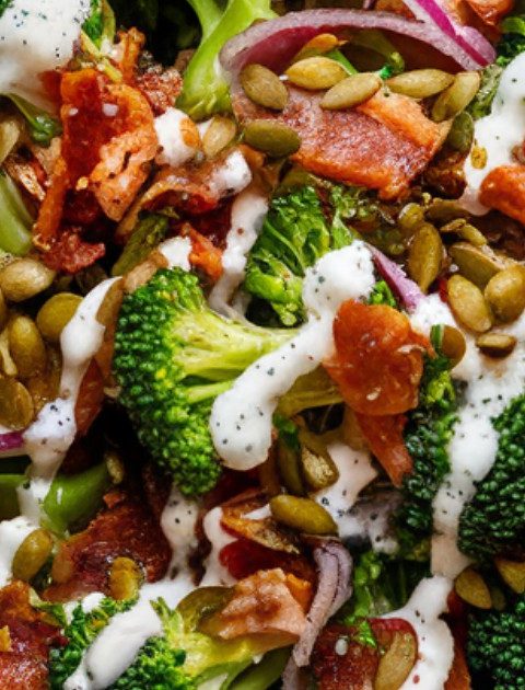 Enjoy a fresh twist on a classic with this broccoli bacon salad, in a tangy lemon dressing. Toasted pumpkin seeds provide a delightful crunch, making it a hit at any get-together! ?? #HealthyRecipes #SaladInspo