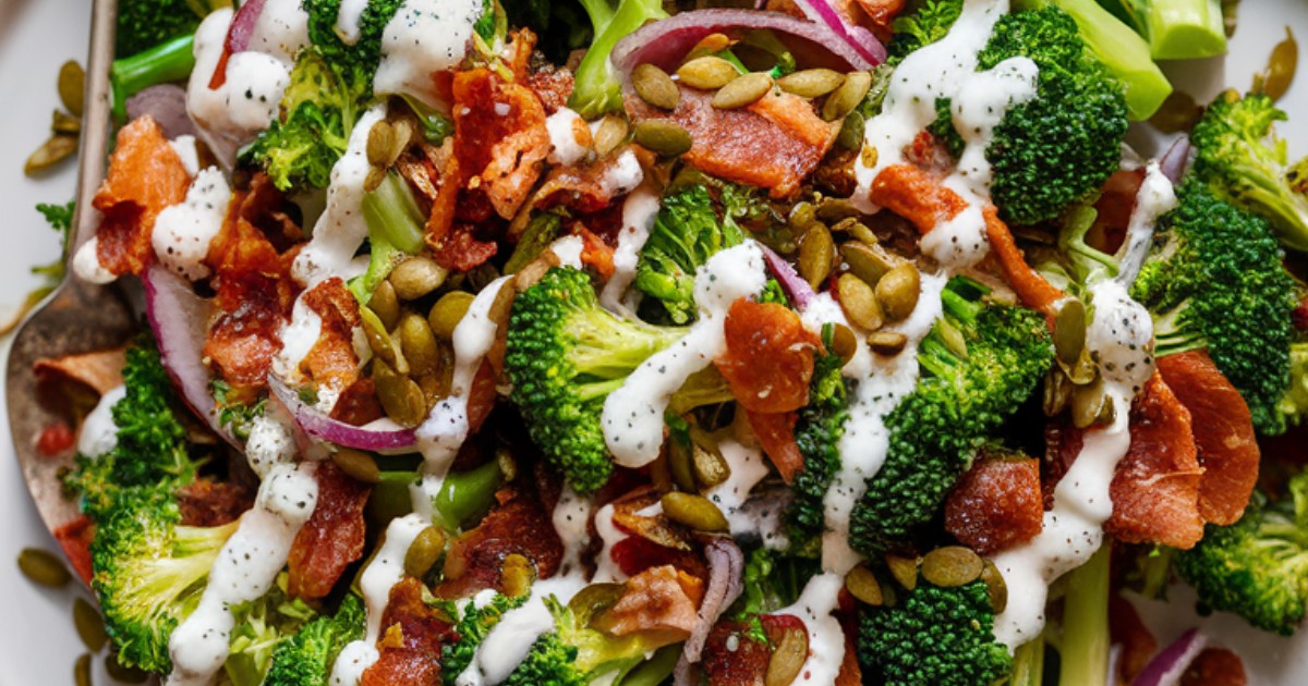 Enjoy a fresh twist on a classic with this broccoli bacon salad, in a tangy lemon dressing. Toasted pumpkin seeds provide a delightful crunch, making it a hit at any get-together! 🥗🌟 #HealthyRecipes #SaladInspo