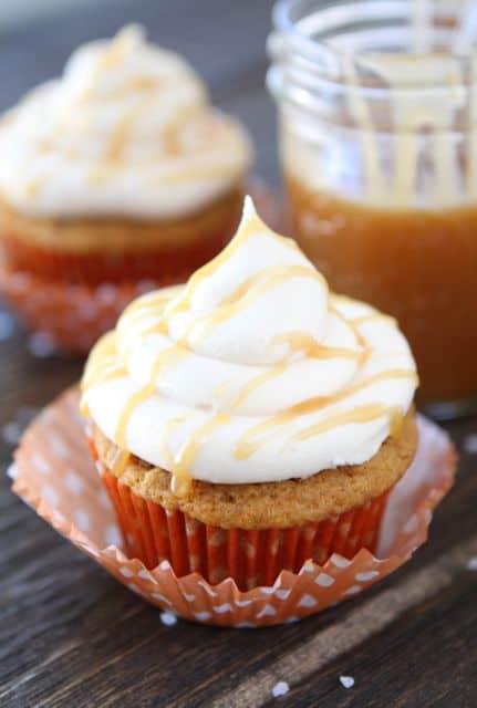 whip up a batch of these cupcakes that have a salted caramel frosting on the top. Yum!