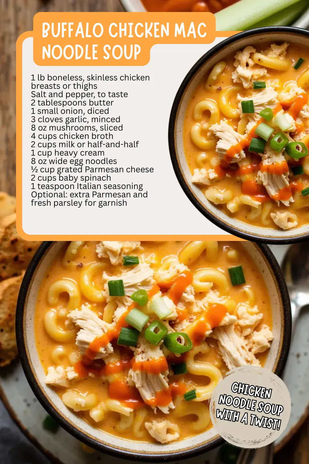 Buffalo Chicken Mac Noodle Soup combines the creamy, cheesy comfort of mac and cheese with spicy buffalo chicken flavors in a cozy, hearty soup. Loaded with tender chicken, elbow pasta, melted cheddar, and a splash of hot sauce, this soup brings a bold, crowd-pleasing twist to traditional chicken noodle that’s perfect for game day or a fun family dinner.