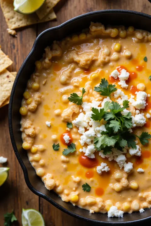 Sweet corn, spicy buffalo chicken, melty cheese, and lime—this Buffalo Chicken Street Corn Dip will be the hit of your next gathering. #diprecipes #gamedayfood #easyappetizers