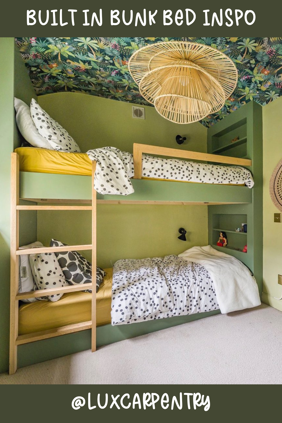 Jungle vibes, anyone? This bunk bed setup feels like a fun, tropical hideaway with its lush green walls and natural wood accents. The design is simple yet bold, with a built-in ladder and handy shelving for books or toys. It’s like having a secret spot for adventure, perfect for kids who love to dream big!