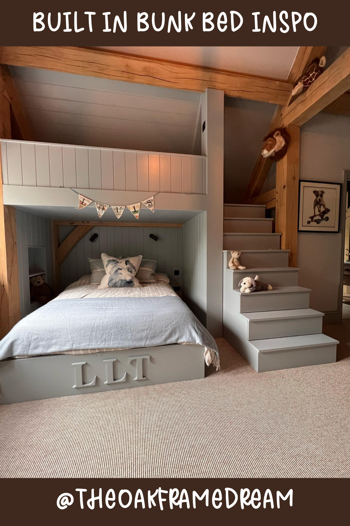 This bunk bed is pure rustic elegance! With its sturdy wood frame, soft gray tones, and spacious lower bunk, it's built for comfort and charm. The wide staircase doubles as extra storage, making it ideal for stashing toys, blankets, and books. And that personalized nameplate? Such a special touch for a kid's room!