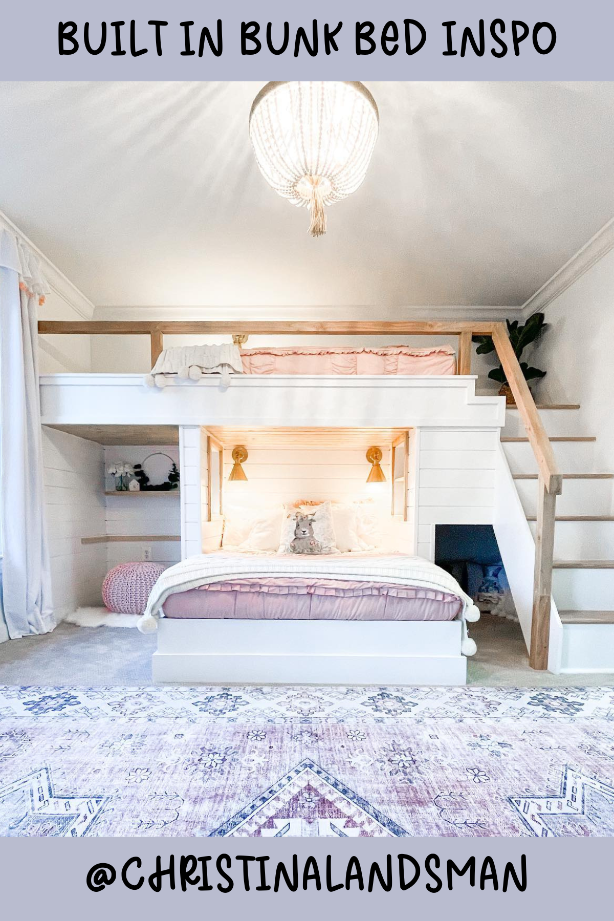 This dreamy bunk bed is like a mini loft apartment! The clean white design, accented with soft blush tones and wood details, gives it a fresh and airy feel. The built-in ladder and cozy nook underneath are perfect for siblings or sleepover guests. It's the kind of space that feels like a cloud – soft, warm, and oh-so-inviting!