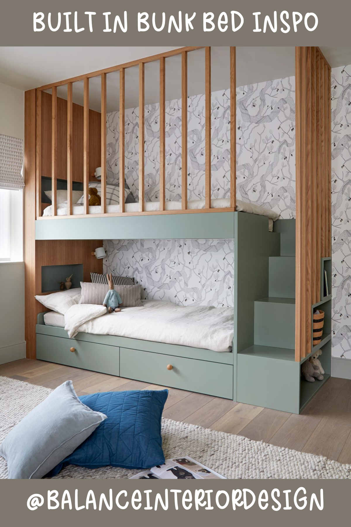 How stylish is this one? The cool sage green and wood accents bring a modern, minimalist vibe to this built-in bunk. The vertical slats create an open yet cozy feel, and the built-in staircase is both functional and sleek. With built-in shelves and drawers for extra storage, this design is as practical as it is pretty!