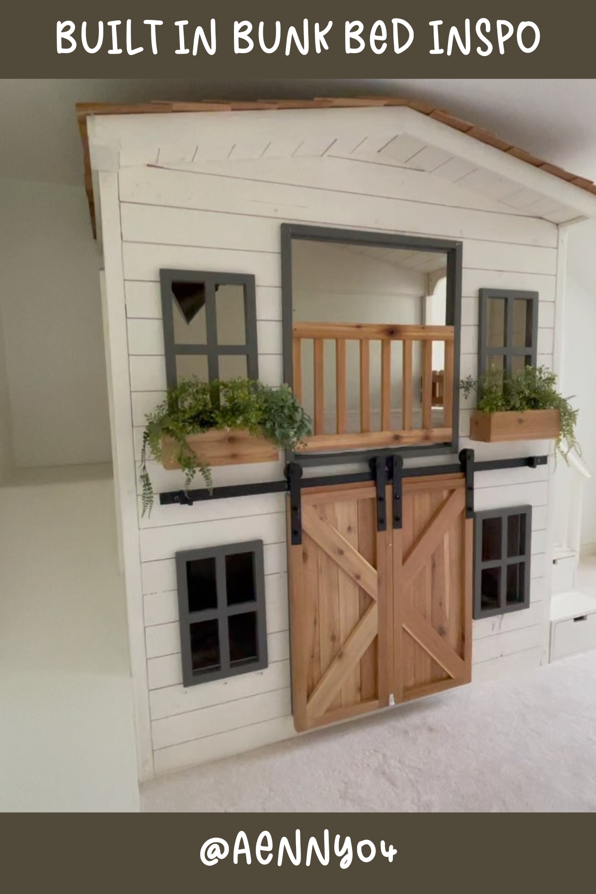 This bunk bed is the ultimate farmhouse dream! With its shiplap siding, charming window boxes, and barn-style doors, it's basically a mini house right inside the room. The slide-open doors add a touch of fun and adventure – perfect for a playroom or kids' bedroom. A cozy hideaway that’s packed with rustic charm!