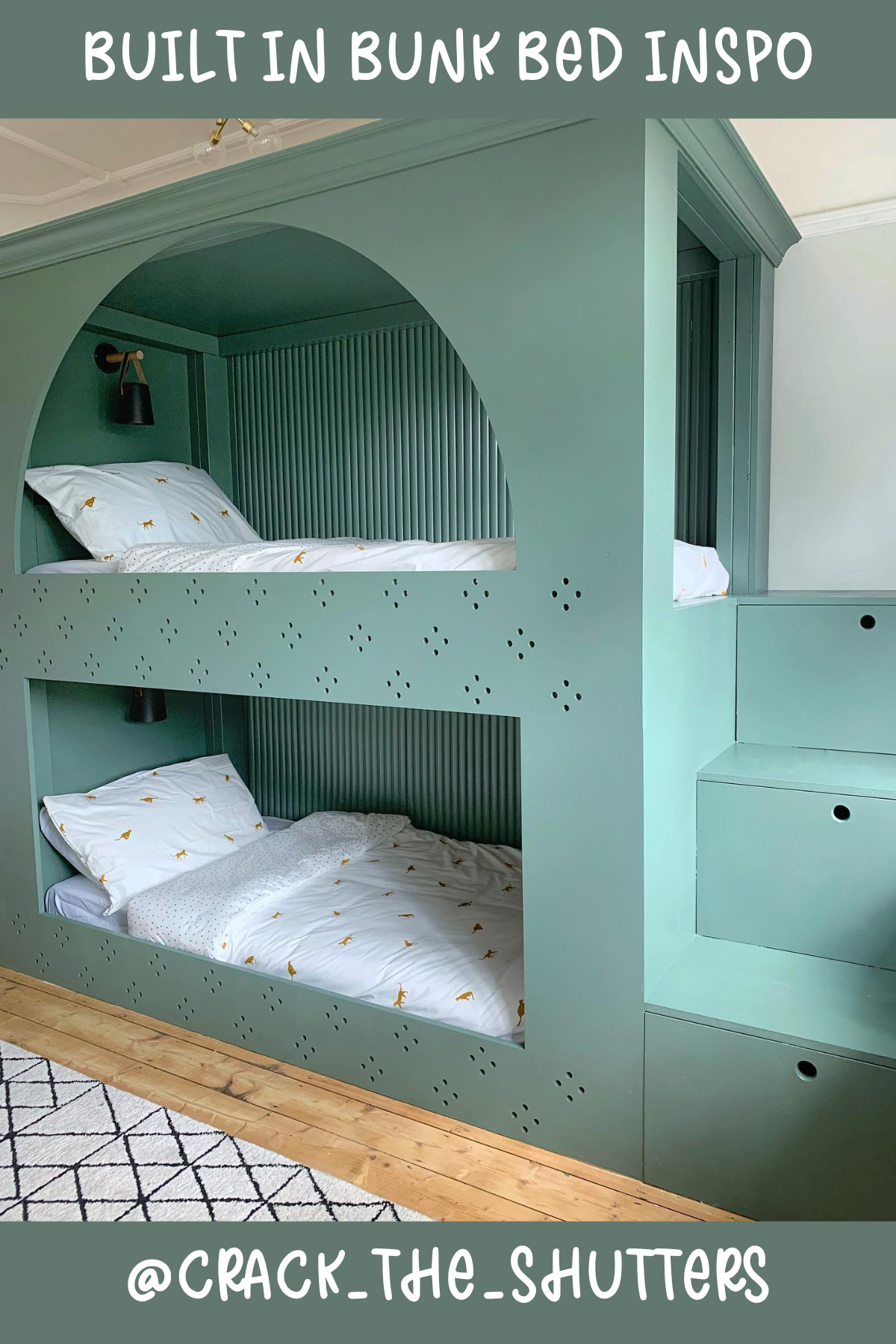 Loving the boldness of this deep green bunk bed with its stunning arched design! The intricate cut-out details and ribbed paneling add so much character. Plus, the built-in storage steps and cozy reading lights make it a clever use of space that’s both functional and fun. It's the perfect nook for little adventurers!