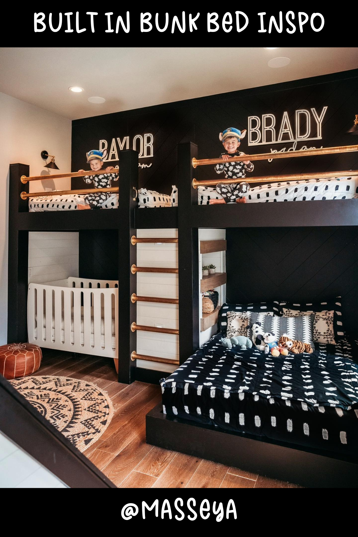 This room is bunk bed magic! With its dark wood frame, rope details, and bold black-and-white decor, it’s got a playful yet sophisticated feel. The ladder down the middle maximizes space, and the different bed sizes make it versatile for kids of varying ages. And can we talk about those custom name signs? Such a fun, personalized touch!